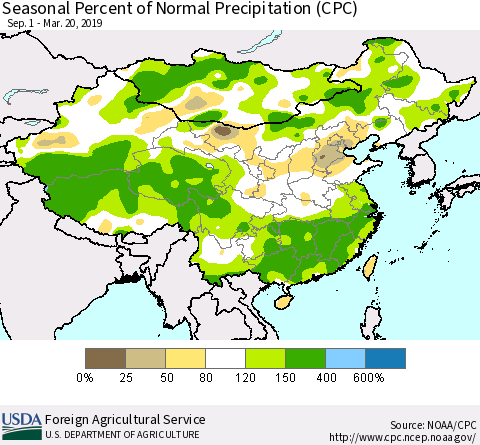 China and Taiwan Seasonal Percent of Normal Precipitation (CPC) Thematic Map For 9/1/2018 - 3/20/2019