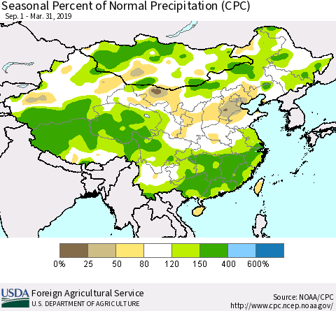 China and Taiwan Seasonal Percent of Normal Precipitation (CPC) Thematic Map For 9/1/2018 - 3/31/2019