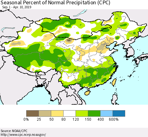 China and Taiwan Seasonal Percent of Normal Precipitation (CPC) Thematic Map For 9/1/2018 - 4/10/2019