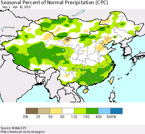 China, Mongolia and Taiwan Seasonal Percent of Normal Precipitation (CPC) Thematic Map For 9/1/2018 - 4/30/2019
