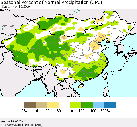 China and Taiwan Seasonal Percent of Normal Precipitation (CPC) Thematic Map For 9/1/2018 - 5/10/2019