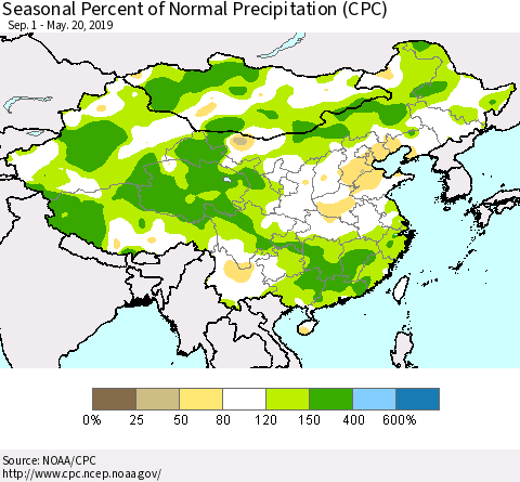 China and Taiwan Seasonal Percent of Normal Precipitation (CPC) Thematic Map For 9/1/2018 - 5/20/2019