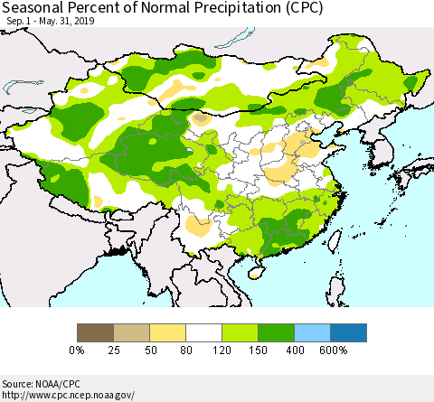 China and Taiwan Seasonal Percent of Normal Precipitation (CPC) Thematic Map For 9/1/2018 - 5/31/2019