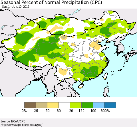 China and Taiwan Seasonal Percent of Normal Precipitation (CPC) Thematic Map For 9/1/2018 - 6/10/2019