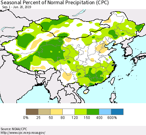 China and Taiwan Seasonal Percent of Normal Precipitation (CPC) Thematic Map For 9/1/2018 - 6/20/2019