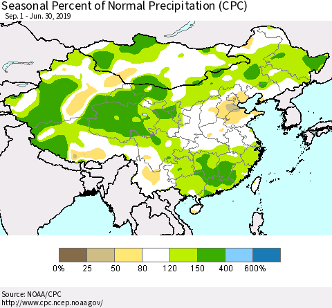 China, Mongolia and Taiwan Seasonal Percent of Normal Precipitation (CPC) Thematic Map For 9/1/2018 - 6/30/2019