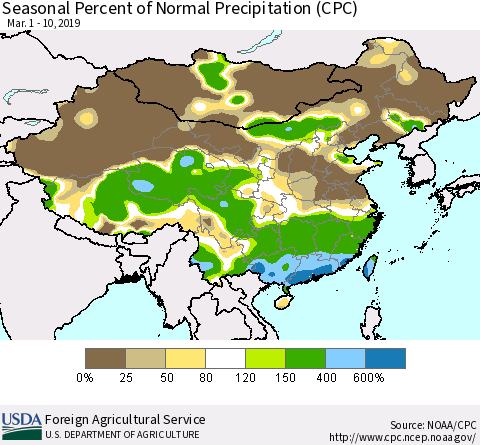China, Mongolia and Taiwan Seasonal Percent of Normal Precipitation (CPC) Thematic Map For 3/1/2019 - 3/10/2019