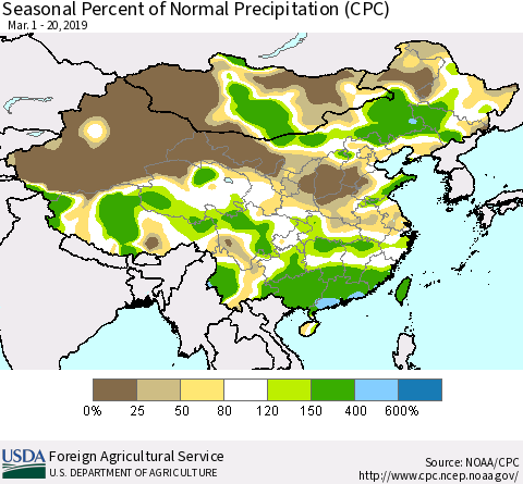 China and Taiwan Seasonal Percent of Normal Precipitation (CPC) Thematic Map For 3/1/2019 - 3/20/2019