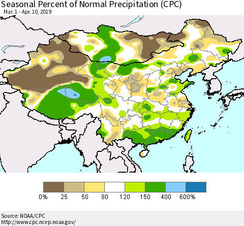 China and Taiwan Seasonal Percent of Normal Precipitation (CPC) Thematic Map For 3/1/2019 - 4/10/2019