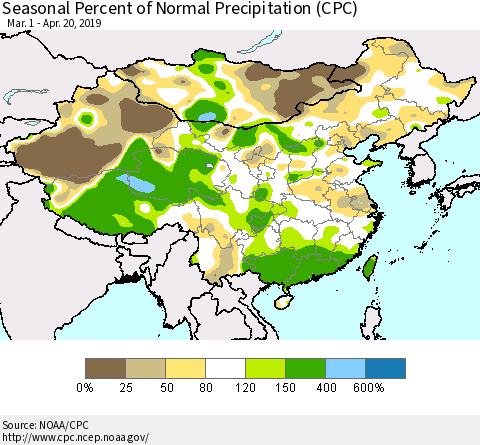 China, Mongolia and Taiwan Seasonal Percent of Normal Precipitation (CPC) Thematic Map For 3/1/2019 - 4/20/2019