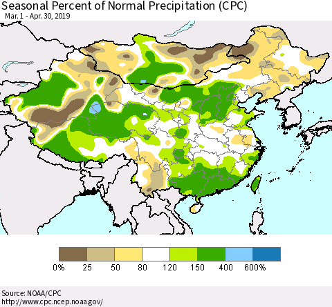 China, Mongolia and Taiwan Seasonal Percent of Normal Precipitation (CPC) Thematic Map For 3/1/2019 - 4/30/2019