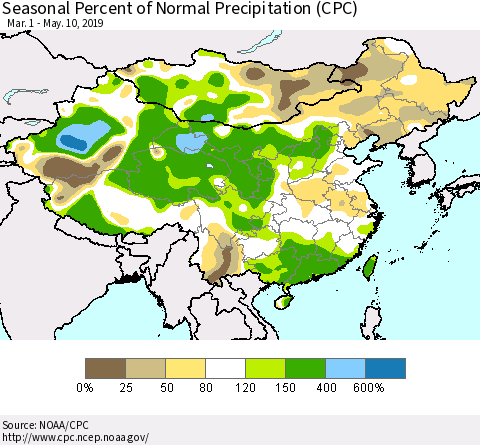 China and Taiwan Seasonal Percent of Normal Precipitation (CPC) Thematic Map For 3/1/2019 - 5/10/2019