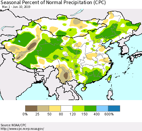 China and Taiwan Seasonal Percent of Normal Precipitation (CPC) Thematic Map For 3/1/2019 - 6/10/2019