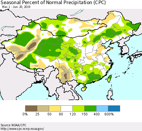 China and Taiwan Seasonal Percent of Normal Precipitation (CPC) Thematic Map For 3/1/2019 - 6/20/2019