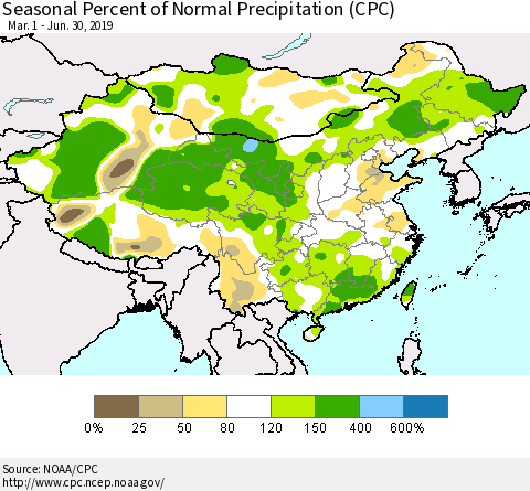 China and Taiwan Seasonal Percent of Normal Precipitation (CPC) Thematic Map For 3/1/2019 - 6/30/2019