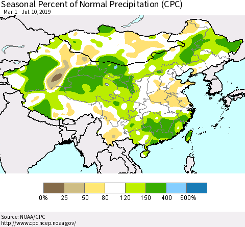 China, Mongolia and Taiwan Seasonal Percent of Normal Precipitation (CPC) Thematic Map For 3/1/2019 - 7/10/2019