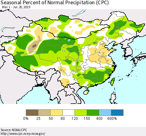 China and Taiwan Seasonal Percent of Normal Precipitation (CPC) Thematic Map For 3/1/2019 - 7/20/2019