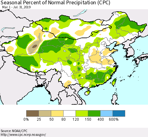 China and Taiwan Seasonal Percent of Normal Precipitation (CPC) Thematic Map For 3/1/2019 - 7/31/2019