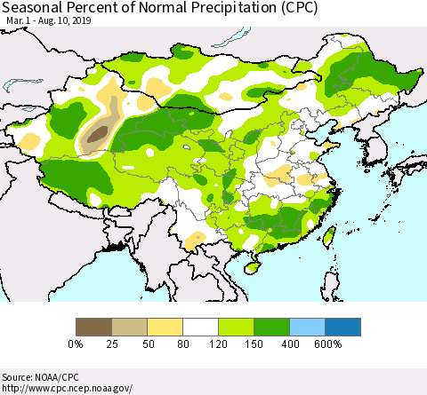 China and Taiwan Seasonal Percent of Normal Precipitation (CPC) Thematic Map For 3/1/2019 - 8/10/2019