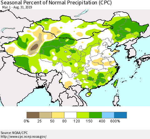 China and Taiwan Seasonal Percent of Normal Precipitation (CPC) Thematic Map For 3/1/2019 - 8/31/2019