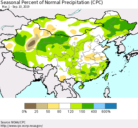 China and Taiwan Seasonal Percent of Normal Precipitation (CPC) Thematic Map For 3/1/2019 - 9/10/2019