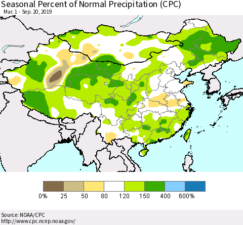 China and Taiwan Seasonal Percent of Normal Precipitation (CPC) Thematic Map For 3/1/2019 - 9/20/2019