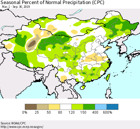 China, Mongolia and Taiwan Seasonal Percent of Normal Precipitation (CPC) Thematic Map For 3/1/2019 - 9/30/2019