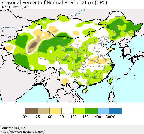 China and Taiwan Seasonal Percent of Normal Precipitation (CPC) Thematic Map For 3/1/2019 - 10/10/2019