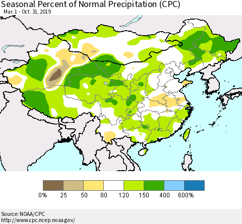 China and Taiwan Seasonal Percent of Normal Precipitation (CPC) Thematic Map For 3/1/2019 - 10/31/2019
