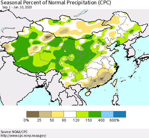 China and Taiwan Seasonal Percent of Normal Precipitation (CPC) Thematic Map For 9/1/2019 - 1/10/2020