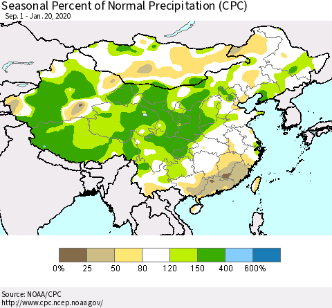 China and Taiwan Seasonal Percent of Normal Precipitation (CPC) Thematic Map For 9/1/2019 - 1/20/2020