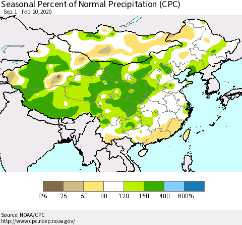 China and Taiwan Seasonal Percent of Normal Precipitation (CPC) Thematic Map For 9/1/2019 - 2/20/2020