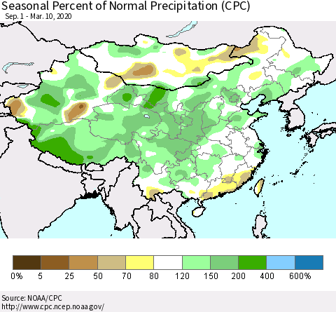 China and Taiwan Seasonal Percent of Normal Precipitation (CPC) Thematic Map For 9/1/2019 - 3/10/2020