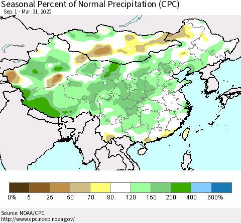China and Taiwan Seasonal Percent of Normal Precipitation (CPC) Thematic Map For 9/1/2019 - 3/31/2020
