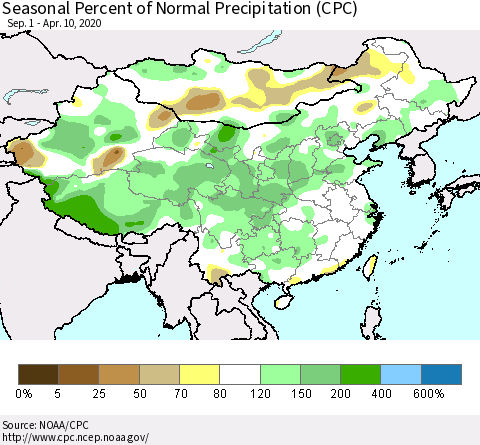 China and Taiwan Seasonal Percent of Normal Precipitation (CPC) Thematic Map For 9/1/2019 - 4/10/2020