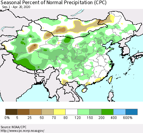 China and Taiwan Seasonal Percent of Normal Precipitation (CPC) Thematic Map For 9/1/2019 - 4/20/2020