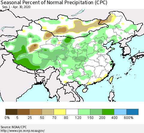 China and Taiwan Seasonal Percent of Normal Precipitation (CPC) Thematic Map For 9/1/2019 - 4/30/2020