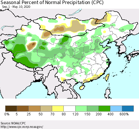 China and Taiwan Seasonal Percent of Normal Precipitation (CPC) Thematic Map For 9/1/2019 - 5/10/2020