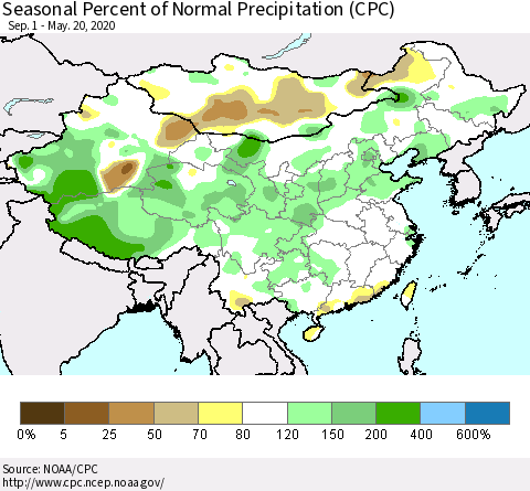 China and Taiwan Seasonal Percent of Normal Precipitation (CPC) Thematic Map For 9/1/2019 - 5/20/2020