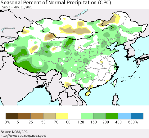 China and Taiwan Seasonal Percent of Normal Precipitation (CPC) Thematic Map For 9/1/2019 - 5/31/2020