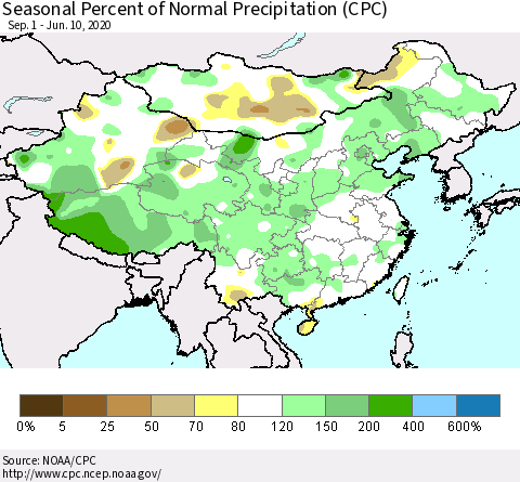 China and Taiwan Seasonal Percent of Normal Precipitation (CPC) Thematic Map For 9/1/2019 - 6/10/2020