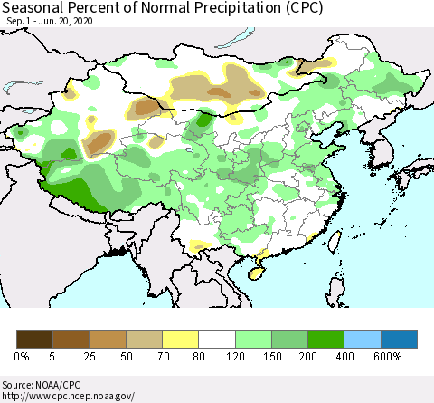China and Taiwan Seasonal Percent of Normal Precipitation (CPC) Thematic Map For 9/1/2019 - 6/20/2020