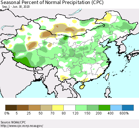 China and Taiwan Seasonal Percent of Normal Precipitation (CPC) Thematic Map For 9/1/2019 - 6/30/2020