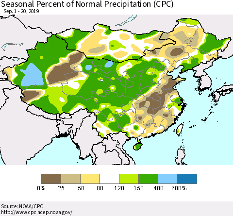 China and Taiwan Seasonal Percent of Normal Precipitation (CPC) Thematic Map For 9/1/2019 - 9/20/2019
