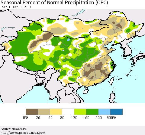 China, Mongolia and Taiwan Seasonal Percent of Normal Precipitation (CPC) Thematic Map For 9/1/2019 - 10/10/2019