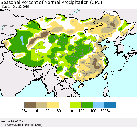 China and Taiwan Seasonal Percent of Normal Precipitation (CPC) Thematic Map For 9/1/2019 - 10/20/2019