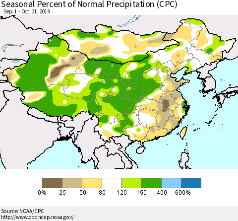 China and Taiwan Seasonal Percent of Normal Precipitation (CPC) Thematic Map For 9/1/2019 - 10/31/2019