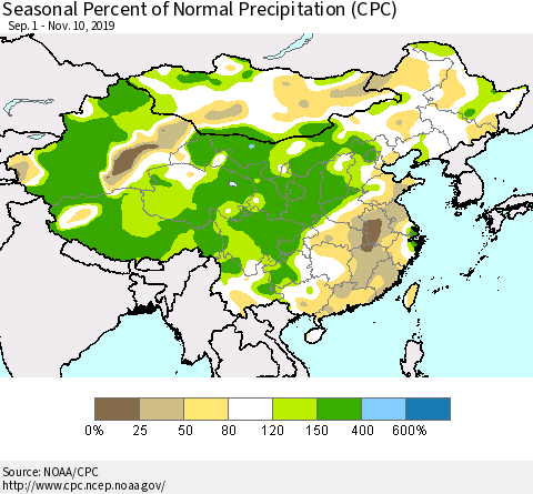 China and Taiwan Seasonal Percent of Normal Precipitation (CPC) Thematic Map For 9/1/2019 - 11/10/2019