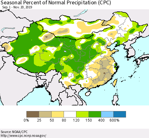 China and Taiwan Seasonal Percent of Normal Precipitation (CPC) Thematic Map For 9/1/2019 - 11/20/2019