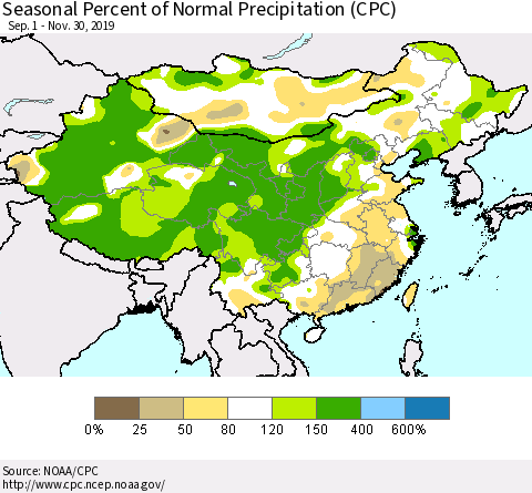 China and Taiwan Seasonal Percent of Normal Precipitation (CPC) Thematic Map For 9/1/2019 - 11/30/2019